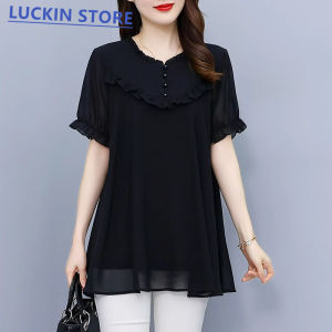 Luckin hàng hiệu cho phụ nữ áo cánh cổ tròn áo sơ mi ngắn tay cho mẹ mùa hè mới của phụ nữ Tops