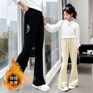 Girls High Waist Fleece Lined Embroidered Chenille Pants Autumn Winter New Style Medium to Large Childrens Traditional Style Casual Long Trousers