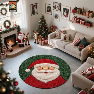 Cute Santa Claus Round Rug Soft Plush Non-Slip Carpet Cozy Bedroom Floor Mat Festive Christmas Living Room Decor