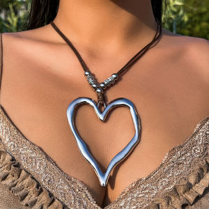 Ingemark | 70CM Long Wax Thread Rope Chain With Large Hollow Love Heart Pendant Necklace for Women Sweet Cool Adjustable Choker Y2K Jewelry