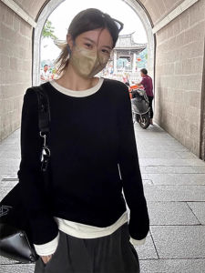 Áo Thun Nữ Dài Tay Màu Tương Phản Thời Trang Mùa Thu Áo Hai Mảnh Giả Ôm Vừa Vặn Cổ Tròn Thường Ngày