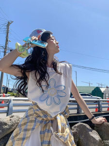 Sanduolemen Floral Print Loose Sleeveless Vest Womens T-Shirt Summer Outerwear Versatile Casual Cotton Top for Young Women