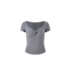 YUEZHONGWEI | Gray V-neck Knot Short Sleeve Slim Fit Womens T-shirt Summer Design Small Size Spicy Short Style Commute Korean Version