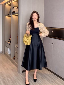 Váy Chữ a Cạp Cao Thời Trang Cho Nữ Dáng Ôm Siêu Mỏng Mùa Thu Màu Trơn Váy Midi Dài Bằng Vải Polyester