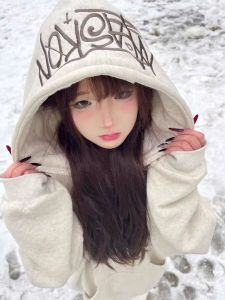 Hooded Sweatshirt Womens Fleece Lined Thickened Autumn Winter Street Style Loose Embroidered Pure Cotton Top Hat Shirt