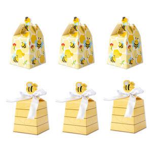10/20pcs Paper Bee Favors Candy Boxes Gifts Box with White Ribbons for Kid Bee Birthday Party Baby Shower Wedding Party Supplies