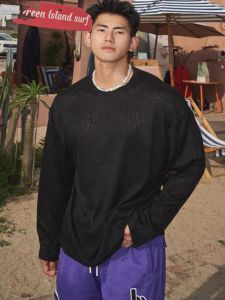 Laid-back Knitted Long Sleeve T-shirt Men Loose Fit Breathable Base Layer Shirt Trendy Early Autumn Holiday Casual Wear