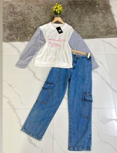 Oneset Jeans Kemeja Salur