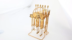 BHQ 24pcs Spoon Fork Set Nordic Style Stainless Steel Cutlery Set with Storage Rack Gift Set Sudu Garfu Set