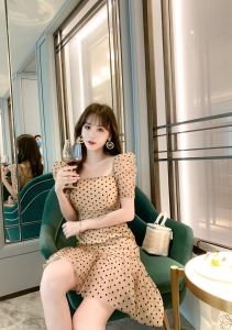 ZY·HT Dinner Dress Women Elegant 2024 Net Yarn Wave Dots Puff Sleeves Ruffled Square Collar High Waist Solid Color Dress 4088 eravogue