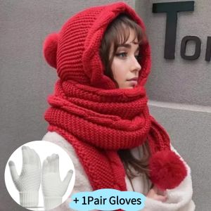 Winter Warm Knitted Hat with Scarf 2-in-1 Balaclava Cap Headgear for Women Girl Ear Protection Outdoor Cycling Hiking Travel Hat