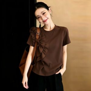 SHUAIYUE | Áo Thun T Tay Ngắn Kiểu Hàn Quốc Có Dải Voan Nâu
