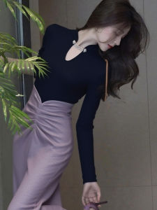QFN | Elegant Black Upper Clothing Purple Ruffled High-Waisted Skirt