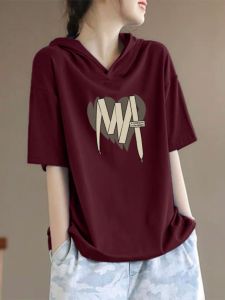 Pure Cotton Hooded Short Sleeve T-Shirt Womens Summer K-style Plus Size Plus Size Ladies Bottoming Shirt Loose Artistic Simple Casual Top