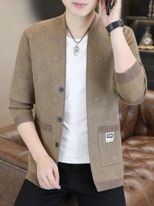 HENGYUANXIANG | Spring Autumn Knitted Sweater Jacket Mens Thin Fashionable Dad Cardigan Loose Fit Casual V-neck Geometric Pattern Polyester Blend