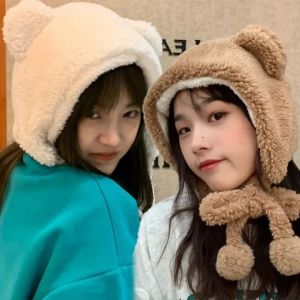 Kawaii Plush Bear Ear Hat Winter Cartoon Warm Windproof Thickened Ear Protection Beanies Women Girl Lamb Fleece Cap