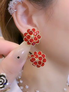 Red Sunflower Pure Silver Earrings with Crystal Embellishments High-End Fashion Jewelry for Women in Vintage Ethnic Style