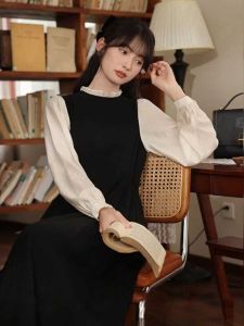 Váy Dài Tay Trung Bình Mùa Thu Đông Mới Đa Năng Màu Trơn Phong Cách Ngọt Ngào Kiểu Pháp Cho Phụ Nữ Mang Thai Váy Dài Giả Hai Mảnh