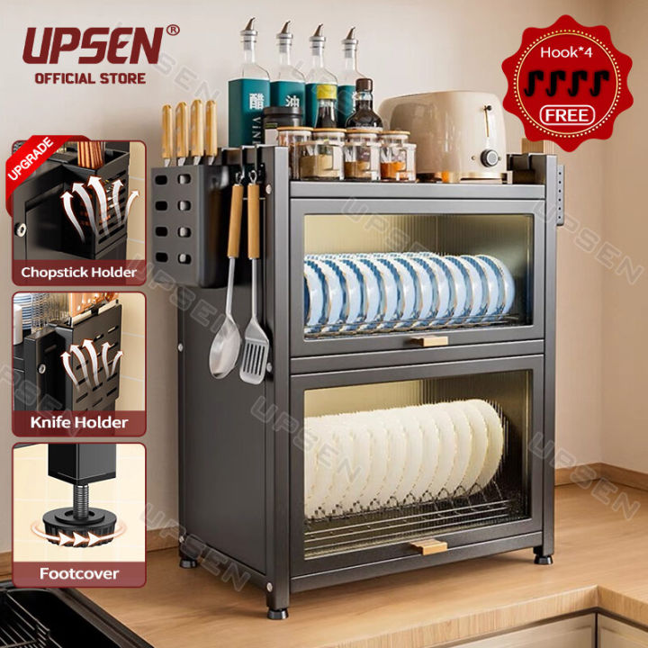 Dish Rack Cabinet with Cover 3Tiers Steel Kitchen Organizer Cabinet Drawer Metal Carbon Black