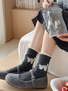 2025 Spring Summer New Pure Cotton Comfortable Breathable Lace Cartoon Cat Mid-Calf Women Socks Cute Female Style Thin Model