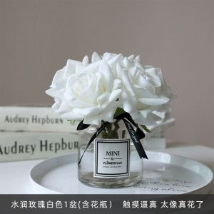 Fake Flower Bouquet Moist Feeling Rose Artificial Flower High-End Wedding Bride Holding with Vase Floral Ornaments