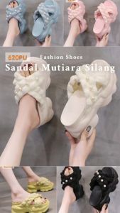 Sandal Wanita Embos Silang Mutiara Sole 7 cm Hitam Kuning Pink Putih Tosca (620)