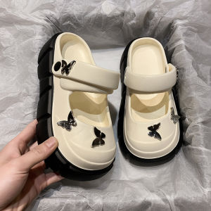 Sweet Butterfly Thick Heel Slip-On Summer New Fashion Outdoor Wear Comfortable Sensation Flat Sandals Womens Korean Style EVA Slipper