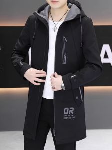 ROMON | Lormen Mens Hooded Jacket Mid-Length Spring Autumn Fashionable Casual Business Coat Polyester Fiber Long Sleeve Zipper Closure