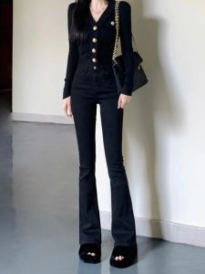 กางเกงขายาวทรงหลวมเอวสูงสีดำ ทรงสลิมฟิต กางเกงขายาวทรงหลวมสำหรับผู้หญิง ฤดูใบไม้ผลิและฤดูใบไม้ร่วง 2025 ใหม่ ขนาดเล็ก กางเกงขายาวลำลอง