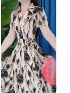 MAIMEI | Silk Ice Dress Womens Summer Luxury High Waist A-Line Skirt Short Sleeve Polo Collar Commute Style Korean Fashion Brand