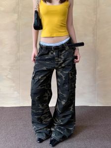กางเกงยีนส์ทรงหลวมเอวต่ำสไตล์ย้อนยุคสไตล์อเมริกันสำหรับผู้หญิง กางเกงยีนส์ทรงหลวมพิมพ์ลายทหาร กระเป๋าหลายช่อง ทรงหลวม ทรงหลวม