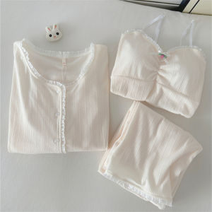 Pure Desire Style Pajamas Womens Long Sleeve Spring and Autumn Pure Cotton Spaghetti-Strap Padded Outwear Three-Piece Suit Womens Summer Loungewear