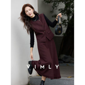 Vimly | Bộ Váy Xếp Ly Màu Đỏ Phong Cách Retro