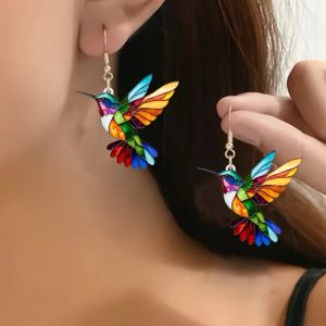 Colorful Hummingbird Earrings Women Bright Bird 2D Acrylic Earrings Cute Animal Dangle Fashion Vintage Earrings Jewelry Gifts