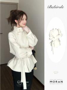French Elegant Short Style Womens Coat White Stand Collar Loose British Style Outerwear Autumn Waist Cinched Coat