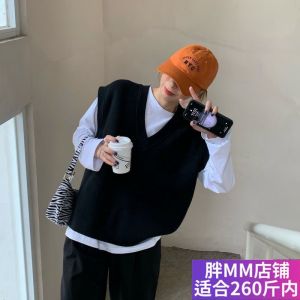 Chubby Girl Plus Size Fat People Wear Loose V-neck Pullover Sweater Knitted Vest Womens Autumn Outer Tower Tops Tide