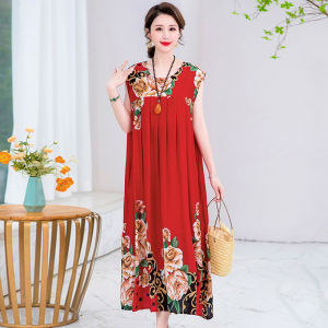 Váy Mùa Hè Bằng Lụa Cotton Nguyên Chất Cỡ Lớn Không Tay Cho Phụ Nữ Trung Niên Váy Ngủ Thoải Mái Giản Dị Váy Chữ a Dài Vừa Phải