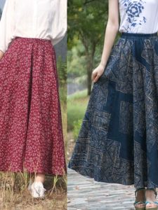 Spring and Autumn Womens Clothing Bohemia Large Swing Skirt Nature Waist Skirt Floral Cotton and Linen Dress Summer Womens A- line Skirt