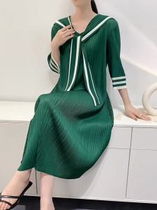 Pleated New Mid-Length Sailor Collar Striped Temperament Slimming Loose V-neck Dress #L-966F
