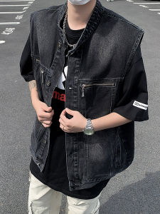Retro Washed Distressed Zipper Denim Vest Jacket Men Loose Casual Stand Collar Sleeveless Waistcoat Jacket Outwear