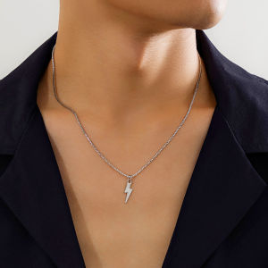 Punk Metal Geometry Lightning Pendant Necklace for Men: Simple Silver Color Box Chain Choker