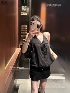 PEIZIXUAN | Stylish French Style Black Halter Neck Mini Dress