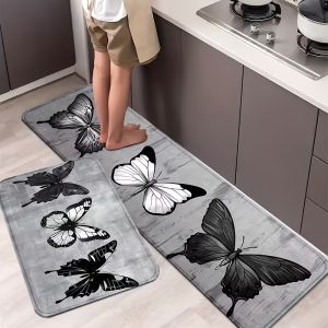 Đen Trắng Bướm Vintage Vân Gỗ In Hình Thảm Trải Sàn Nhà Bếp Chống Trơn Trượt Chống Thấm Nước Thảm Mềm Trang Trí Nhà 1