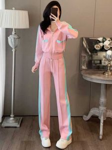 New 2025 Womens Casual Sportswear Set Pink Anti-Aging Hooded Straight Leg Pants Two-Piece Trendy Autumn Collection
