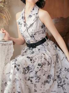 [Afternoon Forest] Forest Wardrobe Retro French Summer Large Swing Skirt Suit Collar off-Shoulder Sleeve Hepburn Style Dress