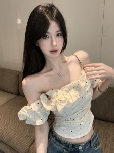 GUZILIAN | Áo vest hở vai kẻ sọc ngọt ngào đa năng ngắn hở xương quai xanh thời trang nữ mùa hè cổ tròn tay ngắn chất liệu polyester