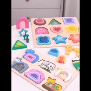 Wooden Toy Colorful Puzzle Board - Early Education Cognitive Puzzle Toy Geometric Shape Recognition Matching - Mainan Kanak Kanak - 早教益智玩具拼版凸形拼图几何形状认知配对宝宝木制玩具