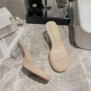 Transparent Crystal Heels Womens Summer Outdoor Slippers High Heel Wide Strap Sandals Korean Style Pure Color Rubber Sole