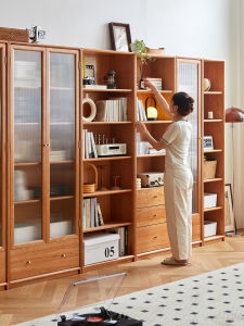 Cherry Wood Solid Wood Bookcase Storage Cabinet Integrated Wall Student Home against Wall with Door Bookshelf Floor Display Cabinet