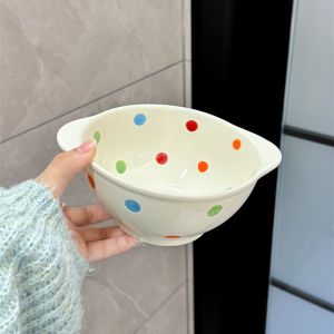 Ceramic Polka Dot Binaural Baby Bowl Student Childrens Rice Bowl Household Noodle Bowl Breakfast Bowl Salad Baking Baking Bowl